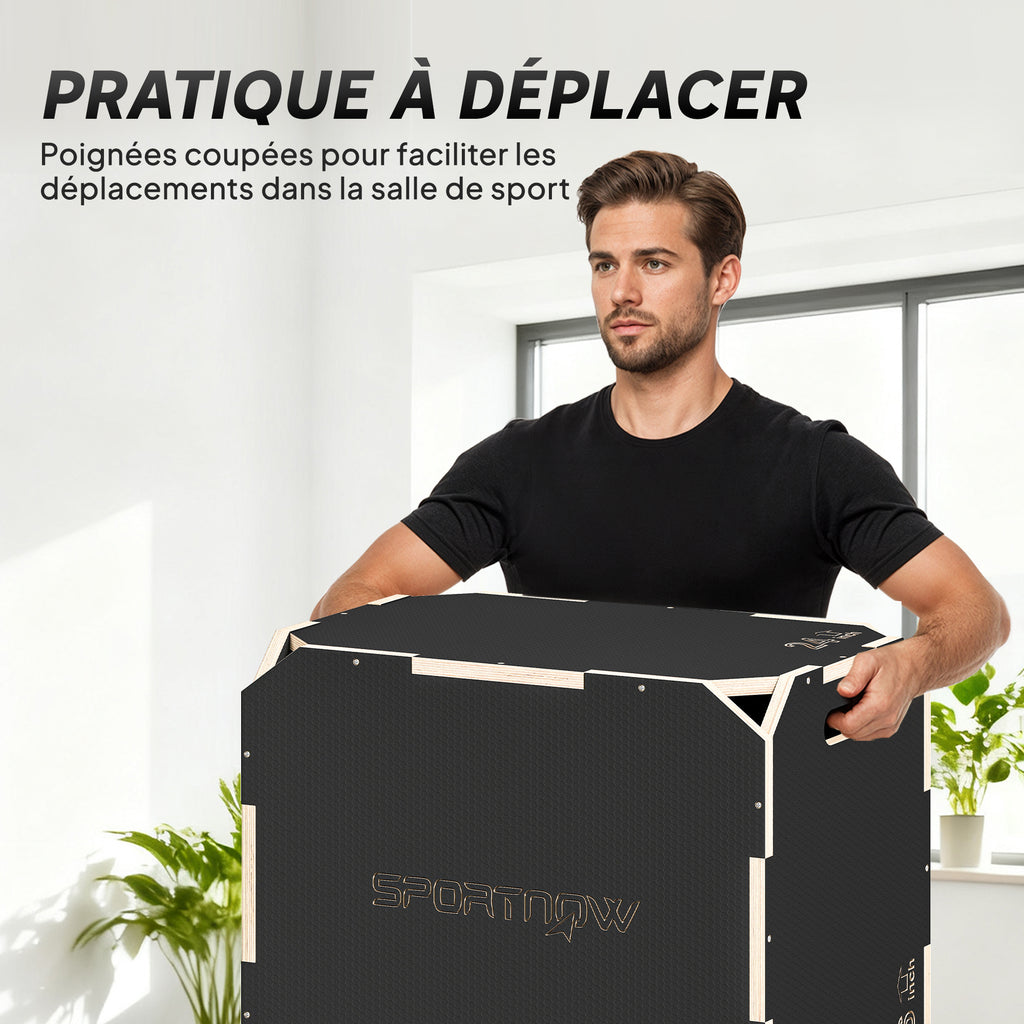 Boîte pliométrique 3 en 1 en bois pour entraînement au saut antidérapant et sans coins noir