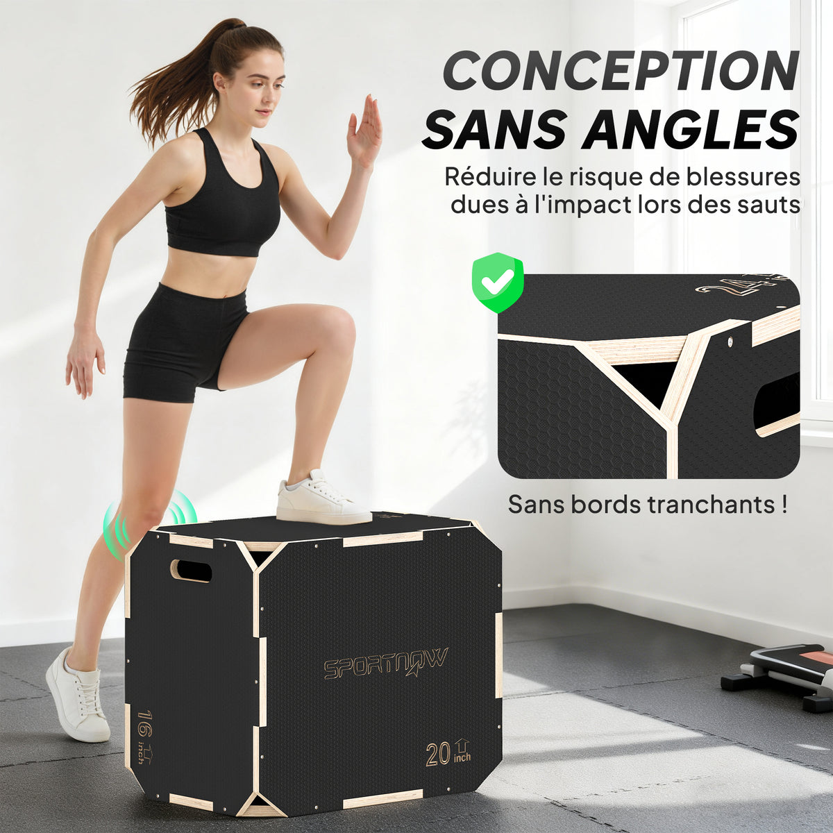 Boîte pliométrique 3 en 1 en bois pour entraînement au saut antidérapant et sans coins noir