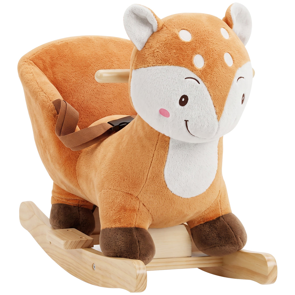Cheval à bascule cerf en peluche avec sons d'animaux, ceinture de sécurité et butées anti-basculement, marron