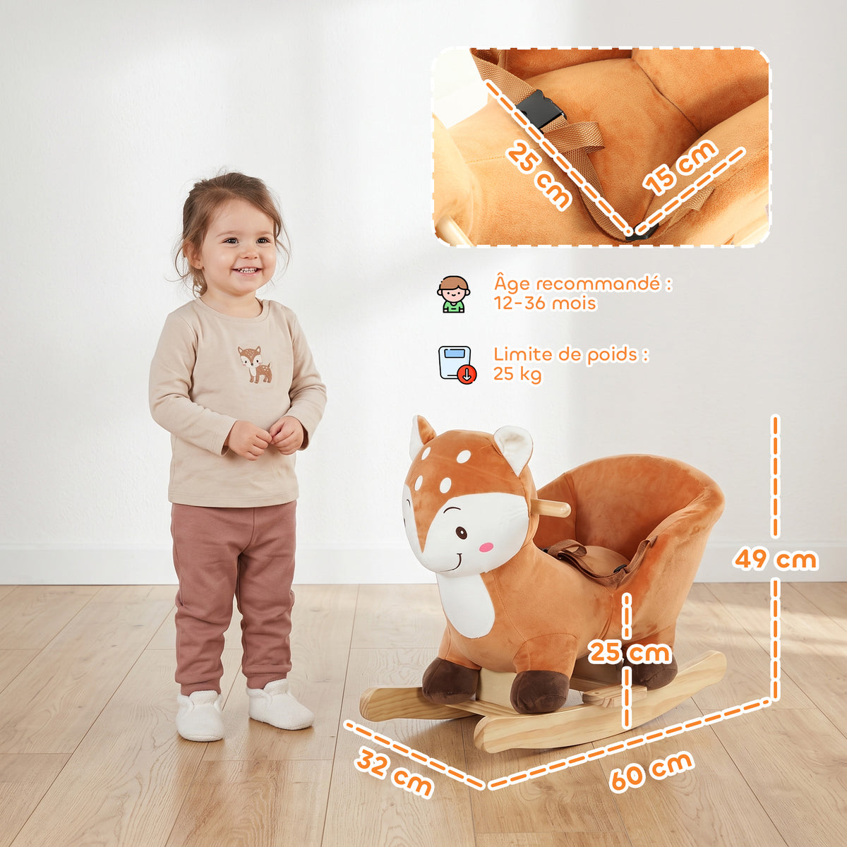 Cheval à bascule cerf en peluche avec sons d'animaux, ceinture de sécurité et butées anti-basculement, marron