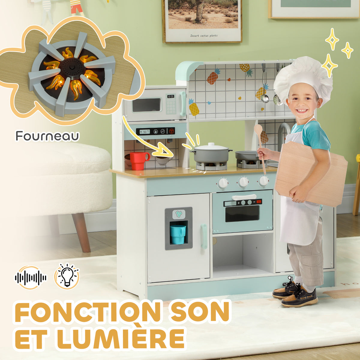 Cuisine enfant jouet d'imitation, dinette enfant avec lumières et sons réalistes, 88,6 x 31,7 x 90,4 cm, blanc