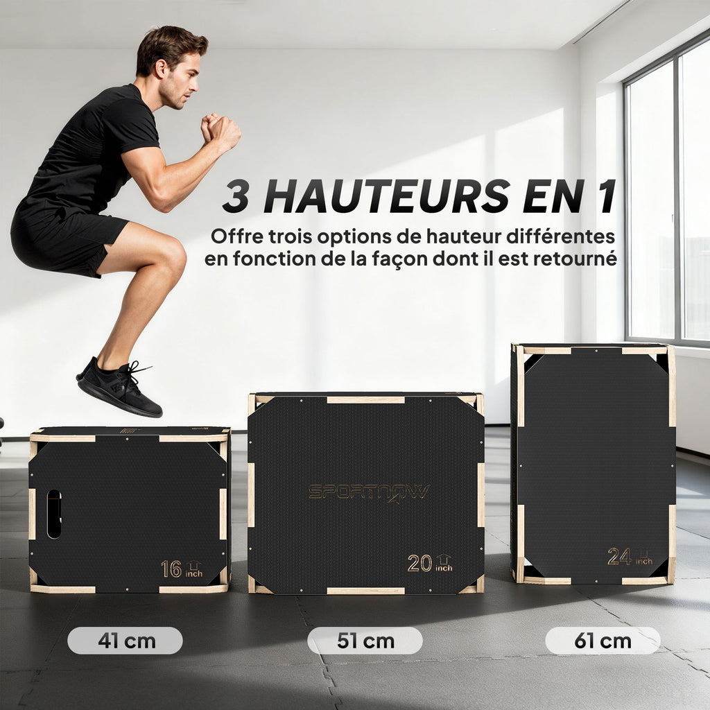 Boîte pliométrique 3 en 1 en bois pour entraînement au saut antidérapant et sans coins noir