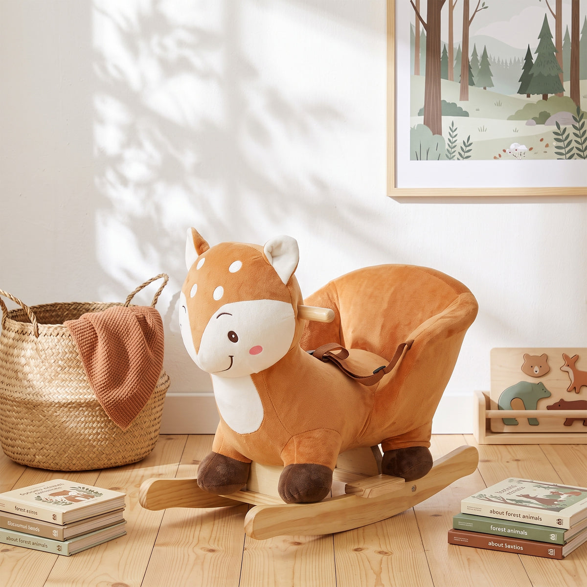 Cheval à bascule cerf en peluche avec sons d'animaux, ceinture de sécurité et butées anti-basculement, marron