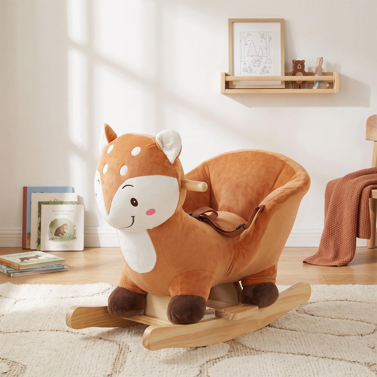 Cheval à bascule cerf en peluche avec sons d'animaux, ceinture de sécurité et butées anti-basculement, marron