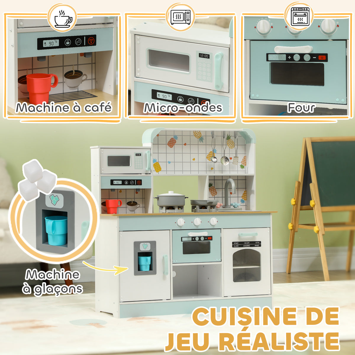 Cuisine enfant jouet d'imitation, dinette enfant avec lumières et sons réalistes, 88,6 x 31,7 x 90,4 cm, blanc