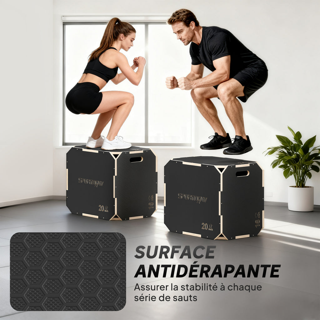Boîte pliométrique 3 en 1 en bois pour entraînement au saut antidérapant et sans coins noir