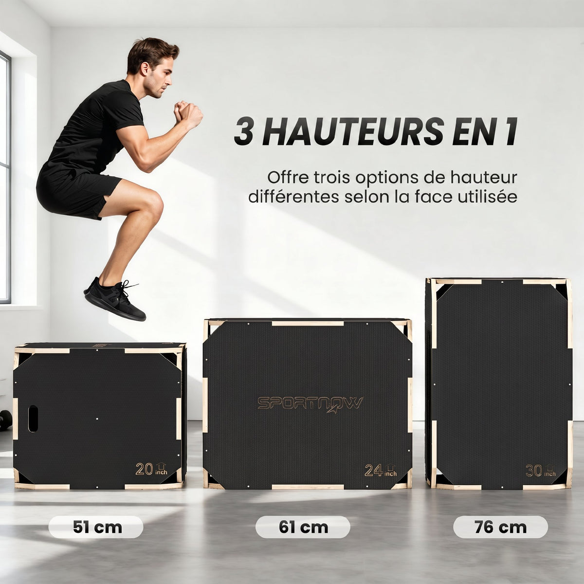 Boîte Plométrique 3 en 1 en Bois pour Entraînement au Saut, Antidérapant et sans Coins, 76x61x51cm, Noir