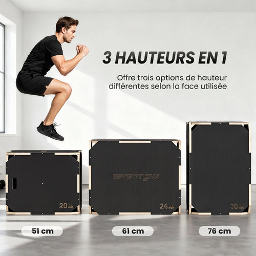 Boîte Plométrique 3 en 1 en Bois pour Entraînement au Saut, Antidérapant et sans Coins, 76x61x51cm, Noir